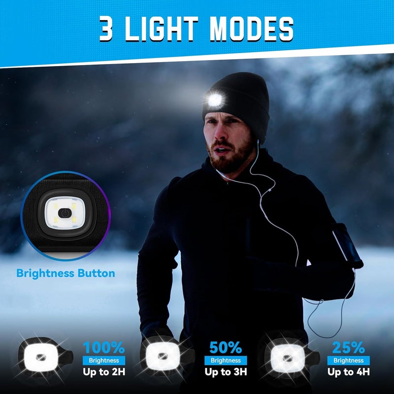 FFIPBGE Christmas Stocking Stuffers for Men Adults, Beanie Hats with Light, USB Rechargeable LED Hand Free Headlamp, Birthday Gifts for Men, Women, and Teens, Ideal for Camping, Hiking, 2 Pack, Black - Image 2